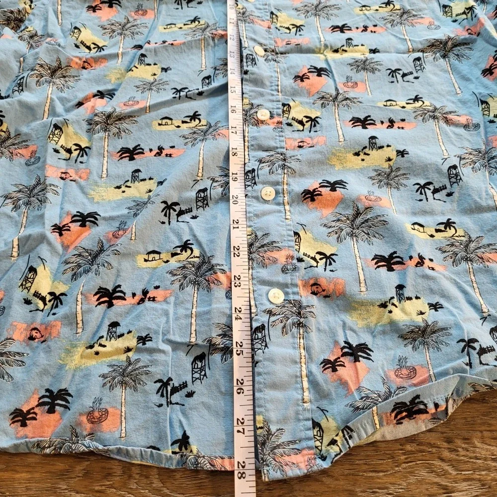 Cotton & Co Mens Large Blue Tropical Palm Tree Beach Print Button Down Shirt L